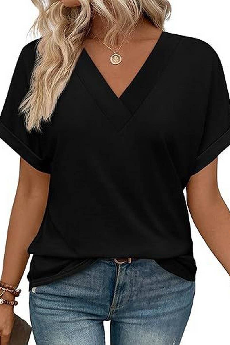 CWTBLS2191_SOLID V-NECK LOOSE BATWING SLEEVE CROP TEE