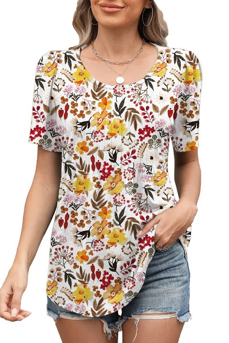 CWTBLS1724_LOOSE CREW NECK PLEATED PRINT SHORT SLEEVE TOP