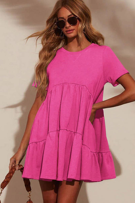 CWDSD7268_ROUND NECK POCKET SHORT SLEEVE PLEATED DRESS