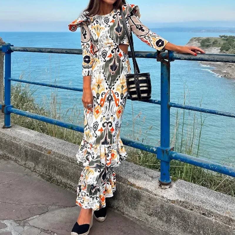 CUT-OUT FLY-SLEEVE PRINT DRESS