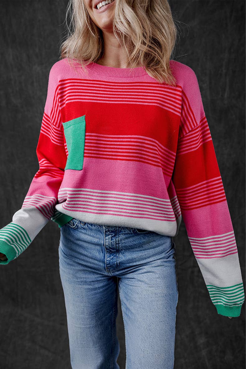 COLOR CONTRAST PATCHWORK CREW NECK SWEATER LADY