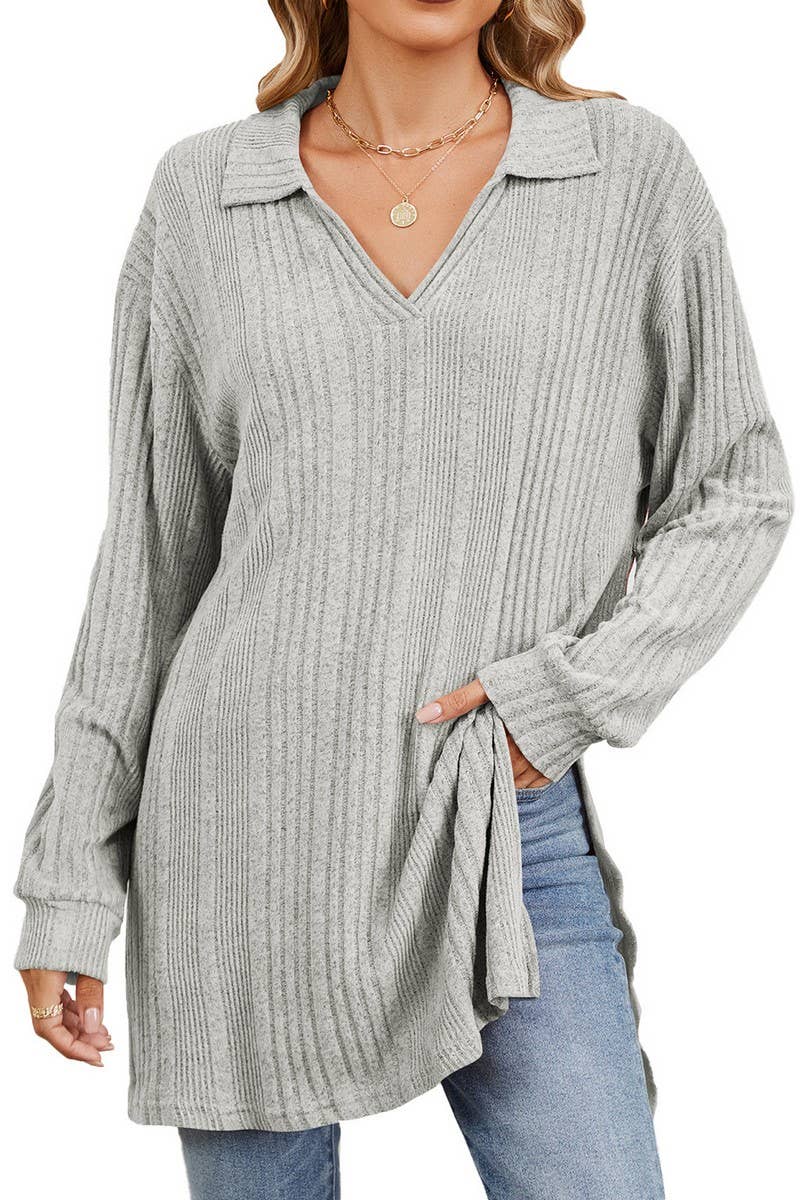 CWTBLL3668_FLIP COLLAR SLIT LONG SLEEVED LOOSE T-SHIRT TOP