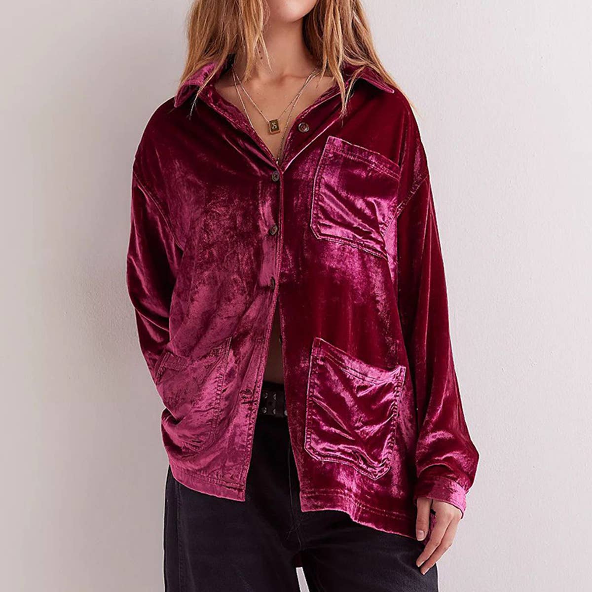 BUTTON-POCKET LOOSE VELVET LONG-SLEEVED SHIRT