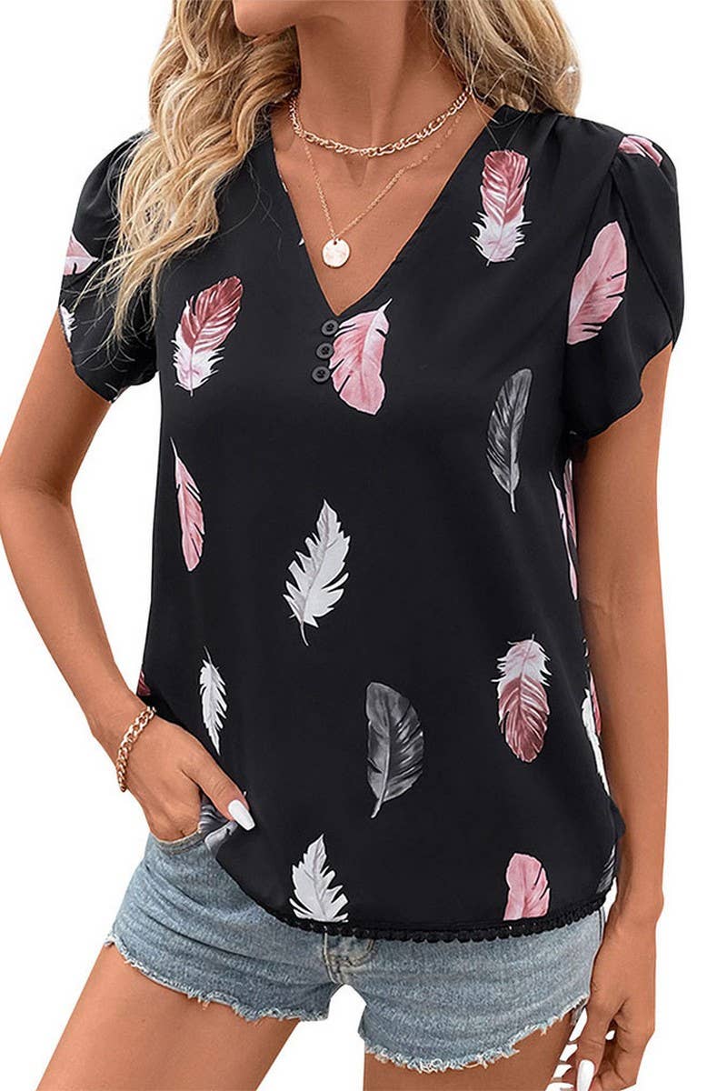 CWTBLS0969_V-NECK FEATHER PRINT SHIRT