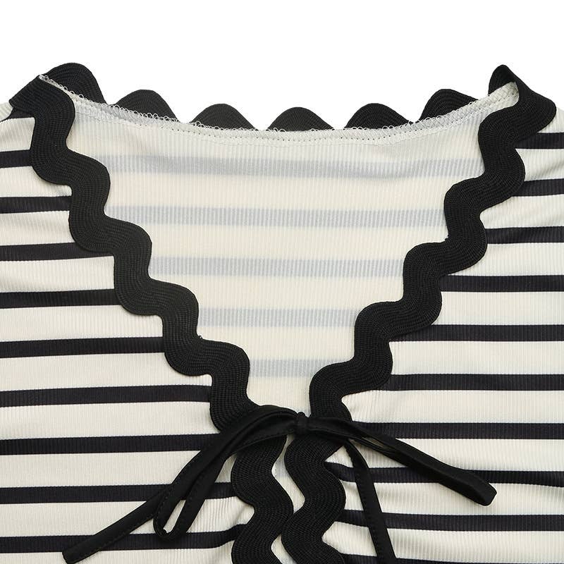 Casual striped and lace patchwork two-piece set