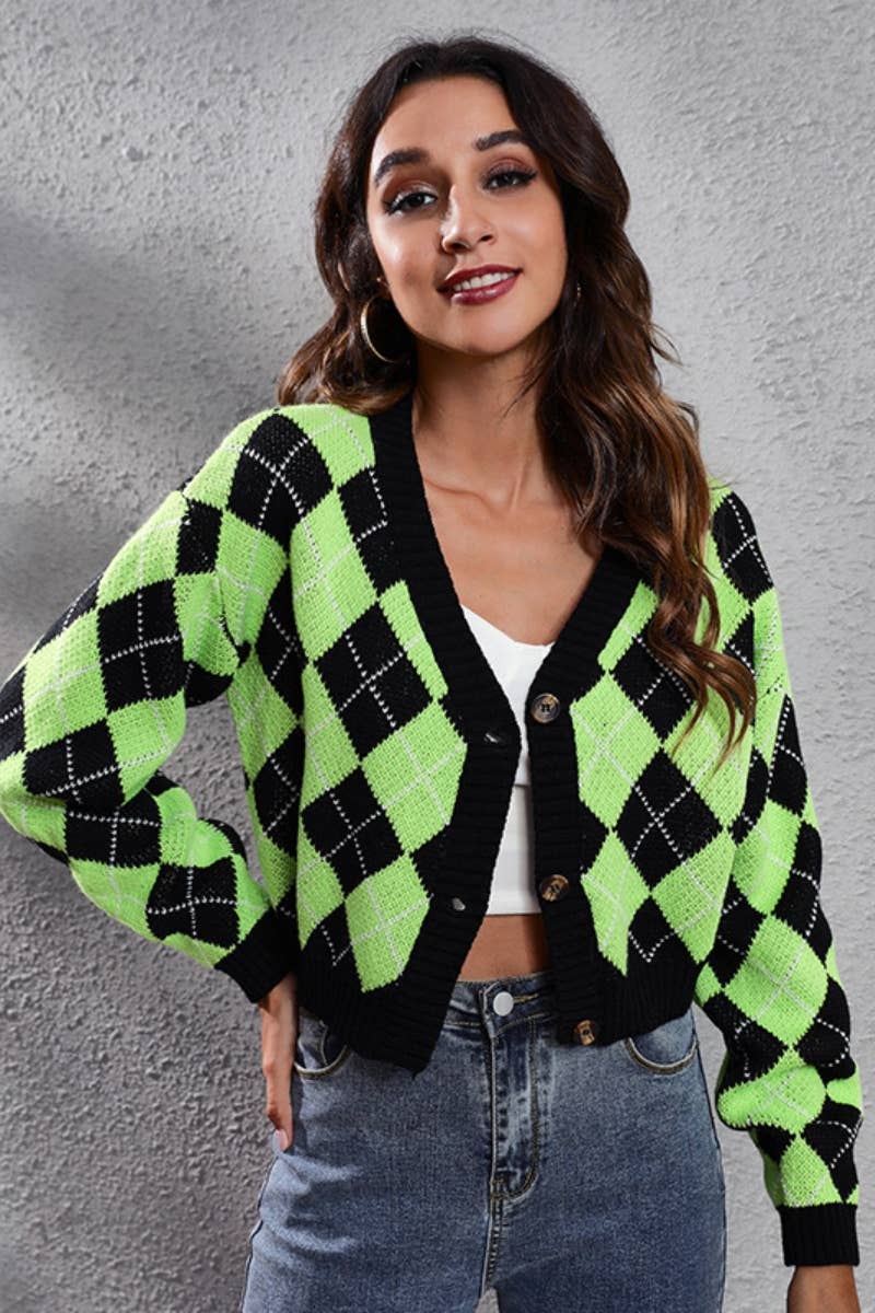 CWOCAL2048_DIAMOND CHECK LONG-SLEEVED CARDIGAN SWEATER