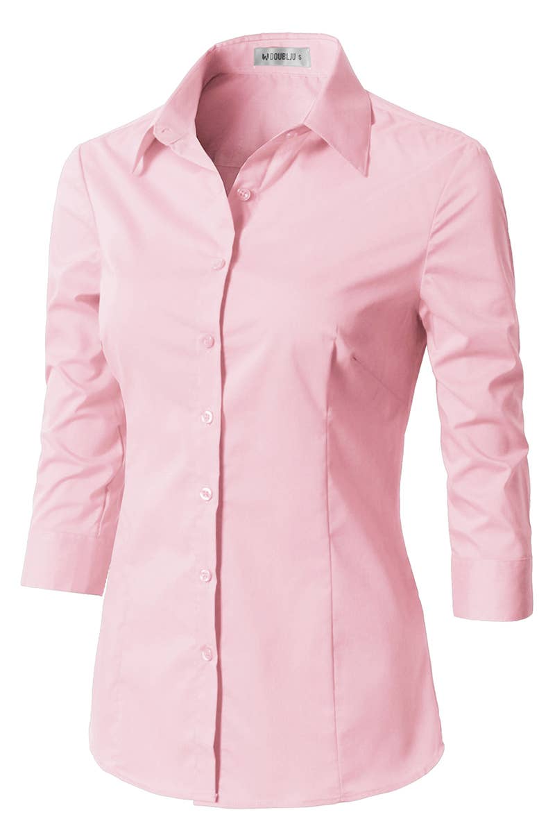 CWTSTS116_Basic Slim Fit Simple 3/4 Sleeve Button Down Shirt