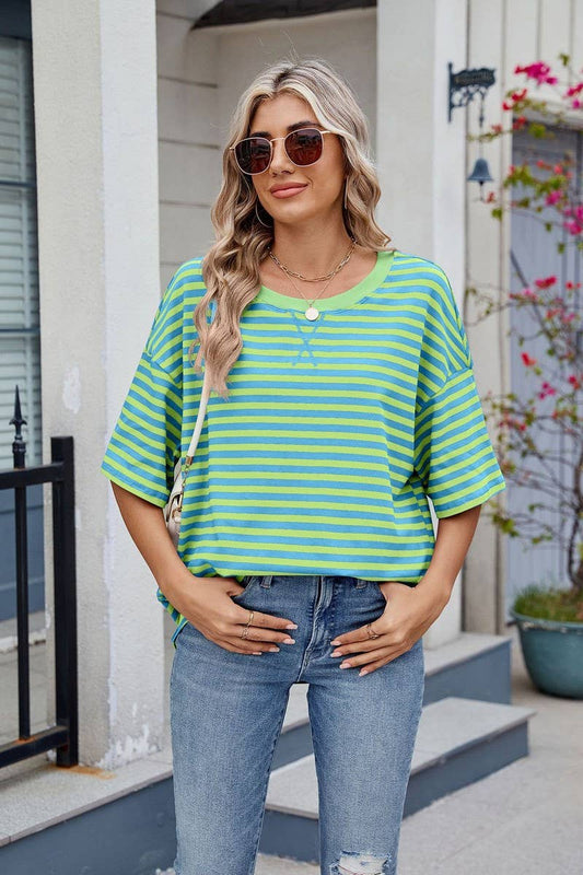 CWTBLS1736_STRIPED CONTRAST LOOSE SHORT-SLEEVED T-SHIRT TOP