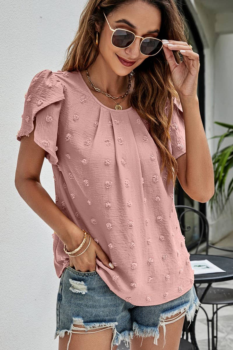 CWTBLS0342_Round neck Short Puff Sleeve Blouse