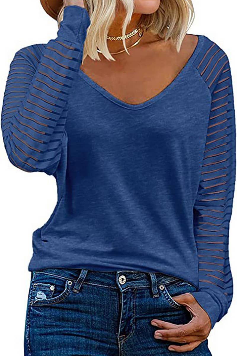 CWTTL00994_SPRING AND AUTUMN LONG SLEEVE STRIPED V-NECK TOP
