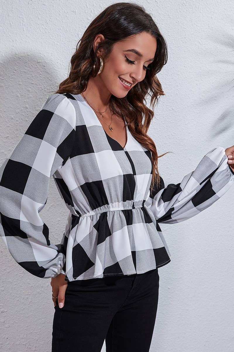 CWTBLL0707_V-Neck Long Sleeve Print Blouse