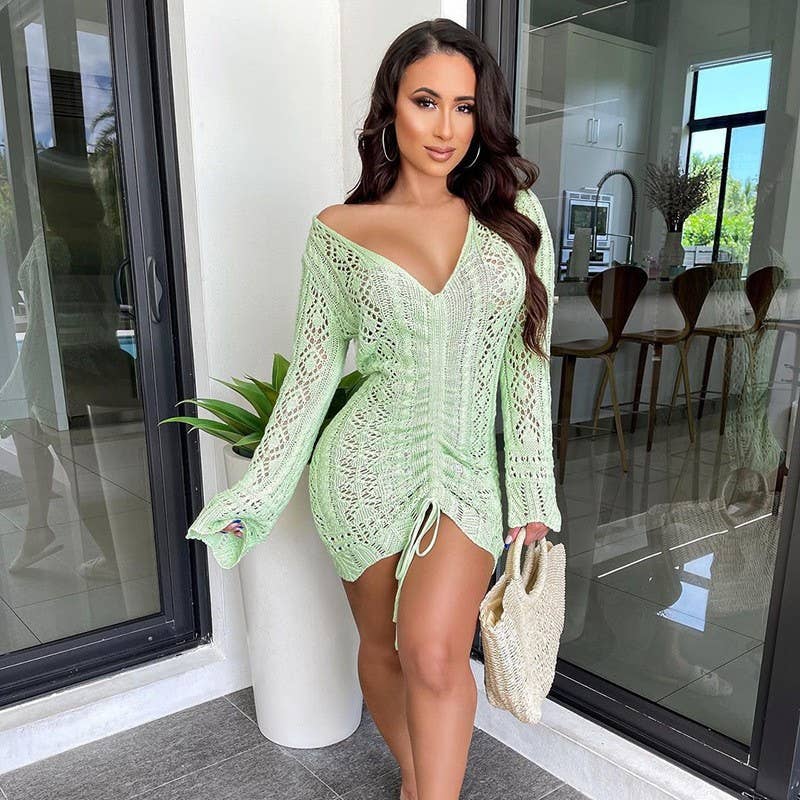 DEEP V CROCHET CUTOUT LONG-SLEEVED KNIT DRESS