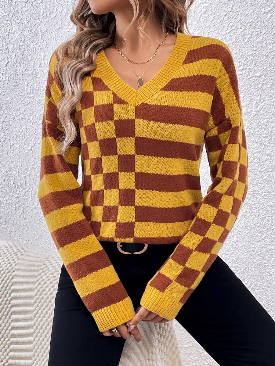 DESIGN SENSE V-NECK SIMPLE STRIPED CHECK SWEATER