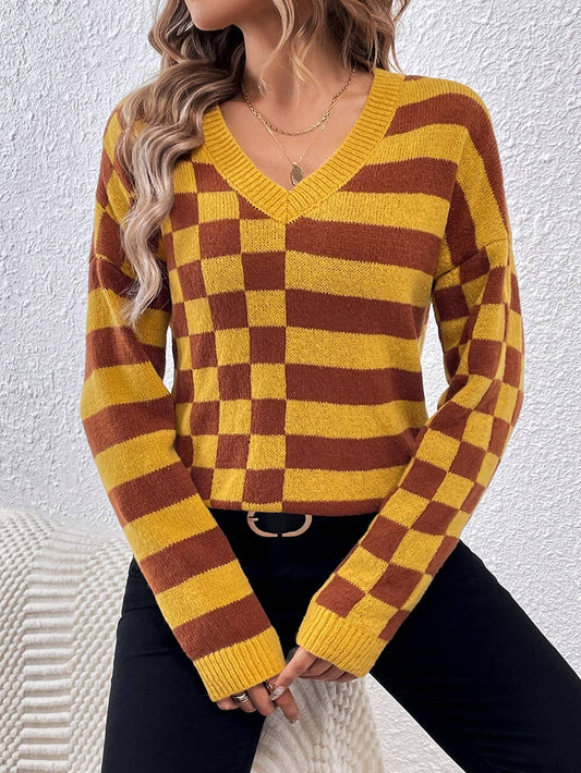 DESIGN SENSE V-NECK SIMPLE STRIPED CHECK SWEATER
