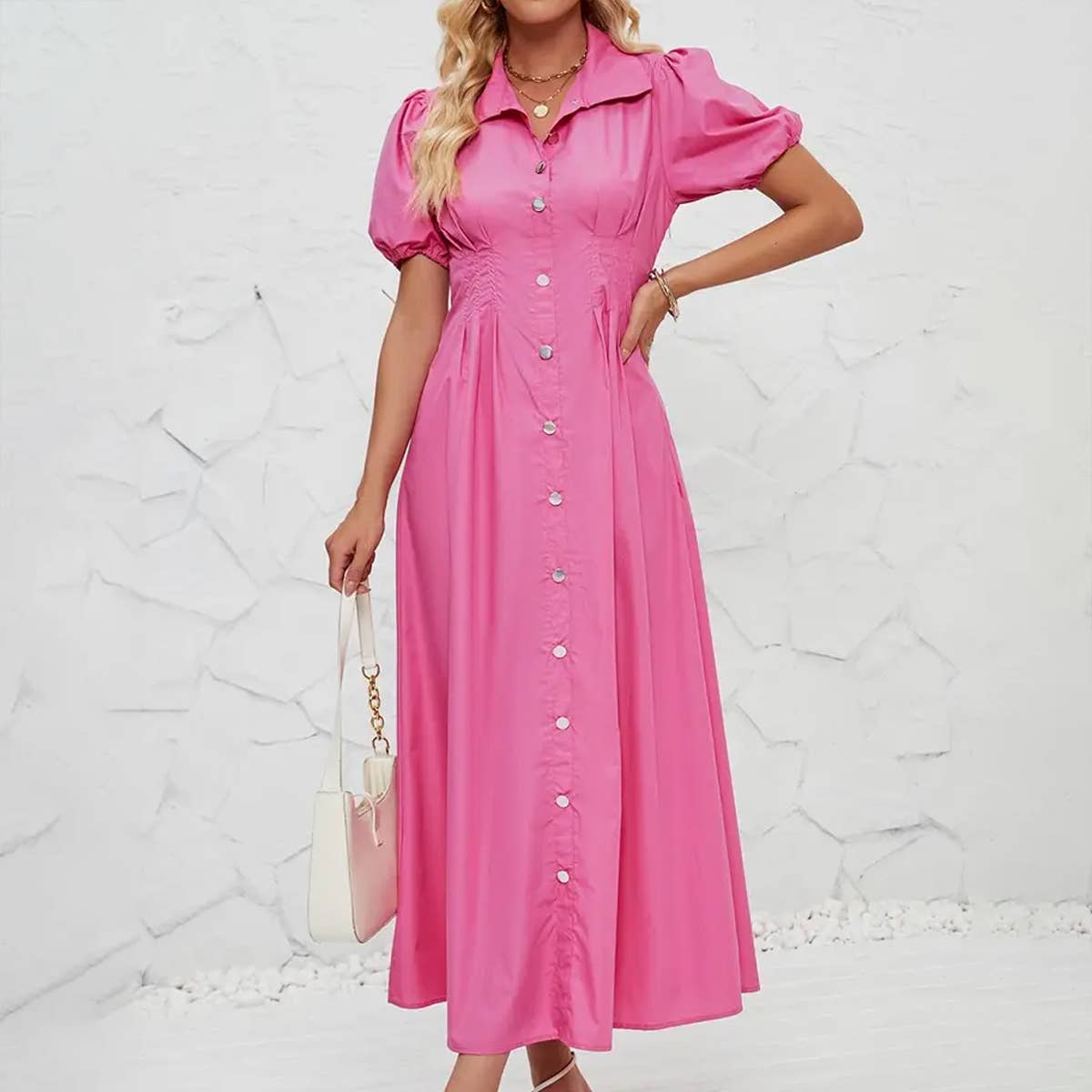 Button-down waist cotton shirt dress