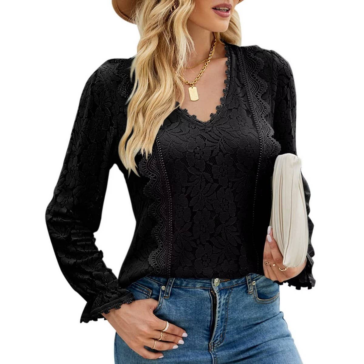 Cut-out lace sexy long sleeve lace top
