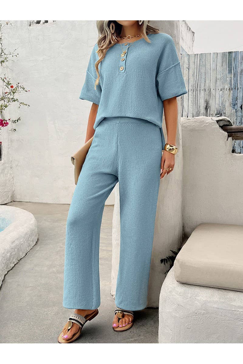 CWSTB0685_Casual Short-Sleeved Buttoned Pants Knit Set