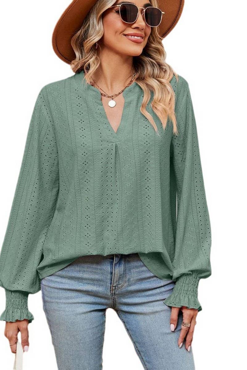 CWTBLL2377_SOLID COLOR V-NECK LOOSE LONG-SLEEVED PULLOVER