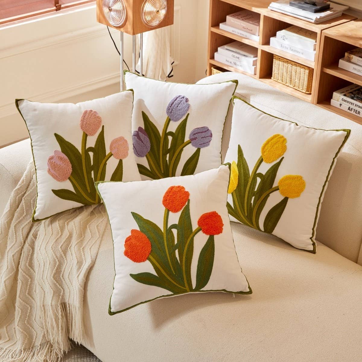 Pink Tulip Embroidered Sofa Pillow Cover_CWMM7706