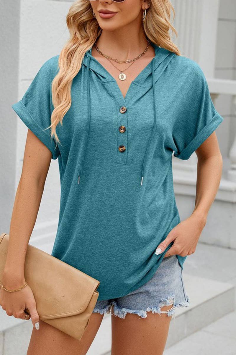 CWTTS1350_SUMMER SOLID COLOR HOODED BUTTON SHORT SLEEVES