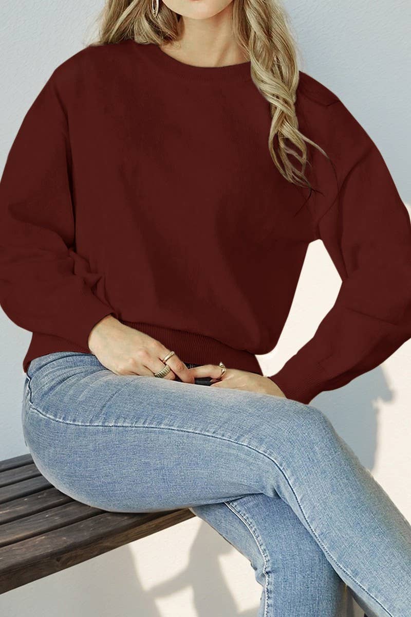 CWOSWL3740_ROUND NECK LONGSLEEVE SOLID COLOR KNITTED SWEATER