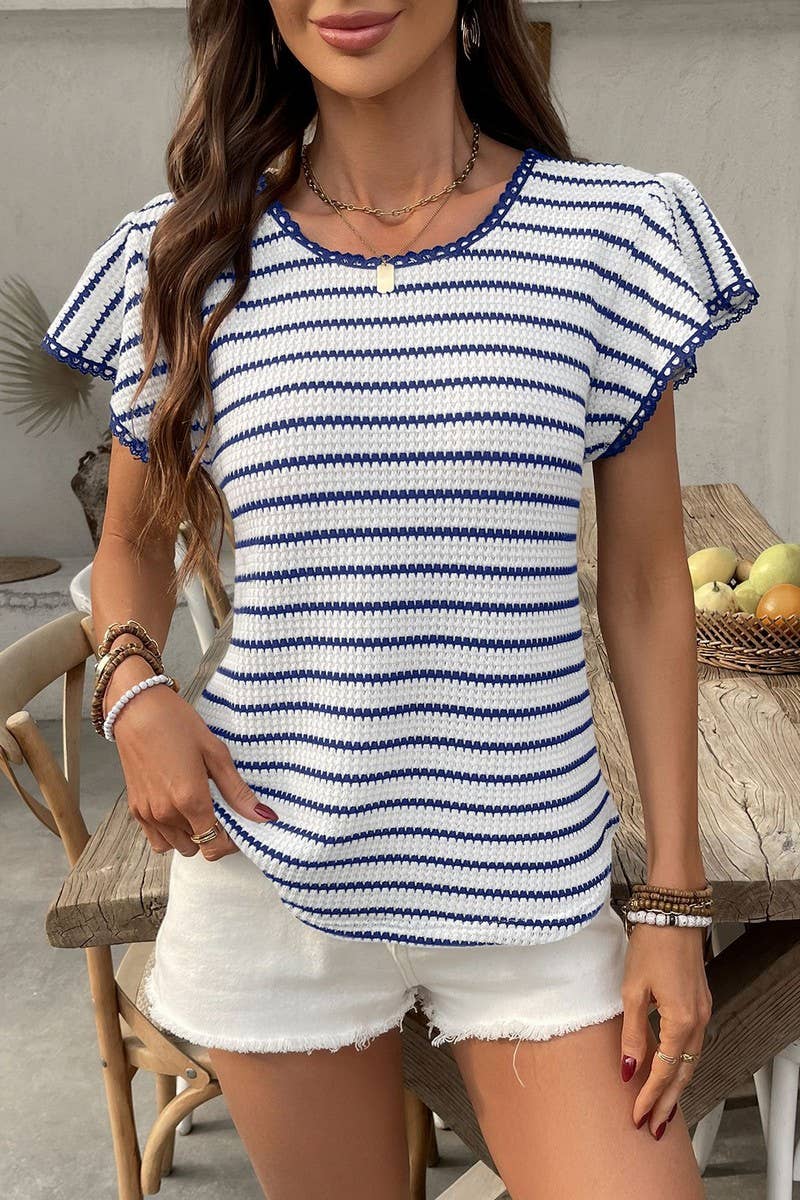 CWTTS1359_SUMMER LACE ROUND NECK STRIPED SHORT SLEEVE TOP