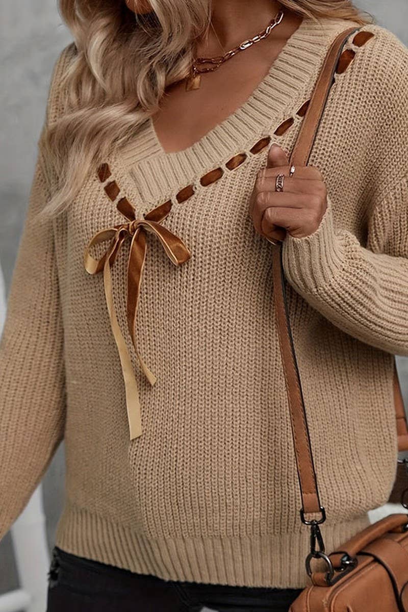 CWOSWL5804_V-NECK BOW LOOSE PULLOVER KNIT TOP