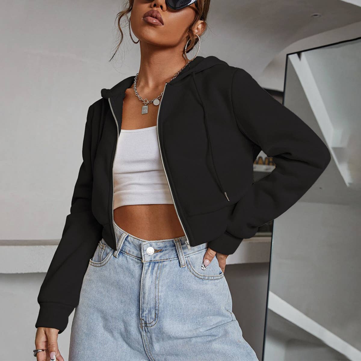 DESIGN HOODIE ZIPPER CARDIGAN CROPPED TOP