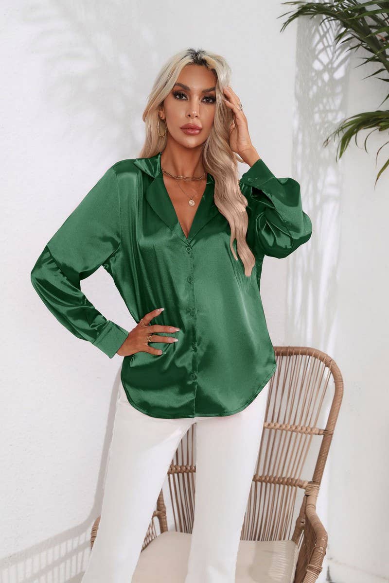 CWTBLL0693_Button Down Silky Satin Long Sleeve Top