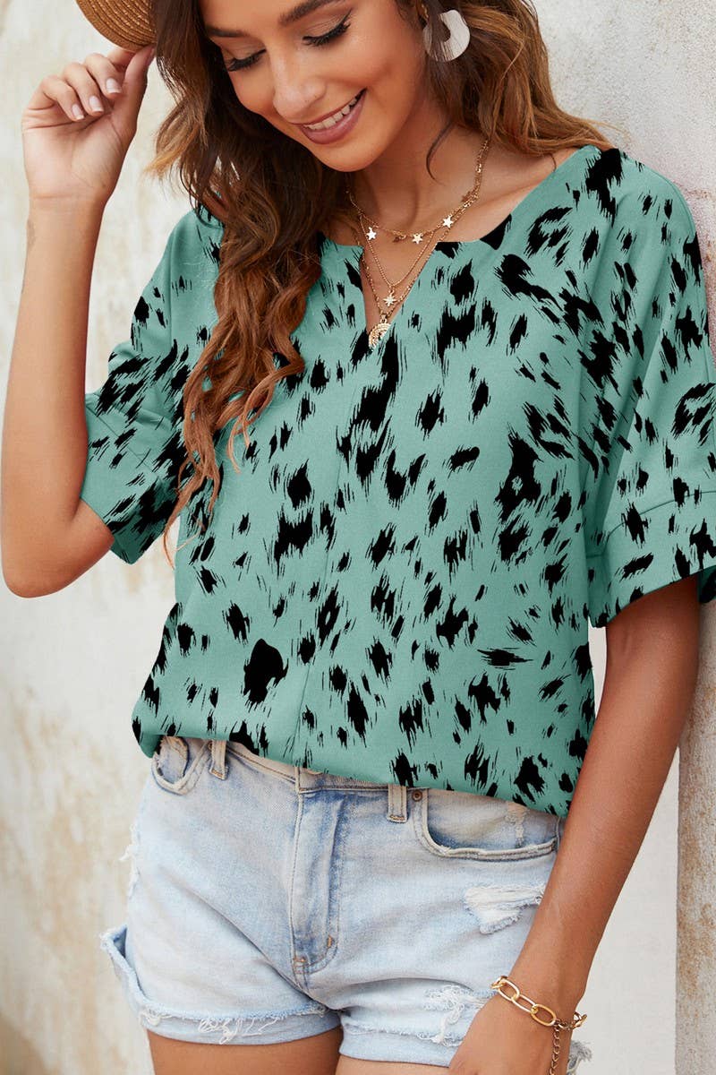 CWTBLS0346_V-Neck Short Sleeve Print Top