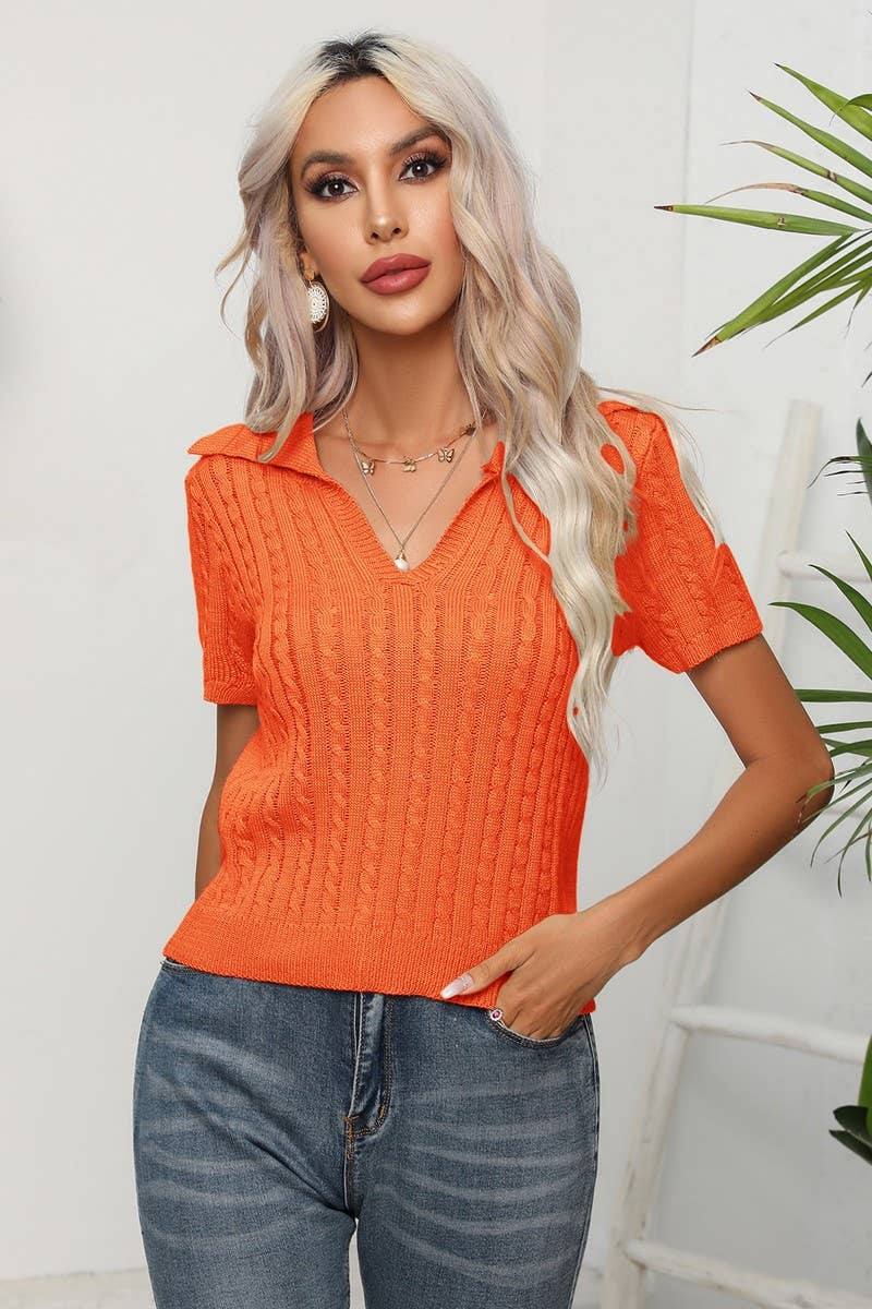 CWOSWS0059_Casual V-Neck Short Sleeve Pullover Sweater