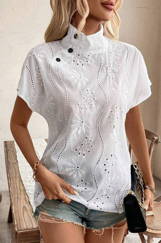 CWTBLS2232_SHORT SLEEVE HOLLOW OUT STAND COLLAR BUTTON SHIRT