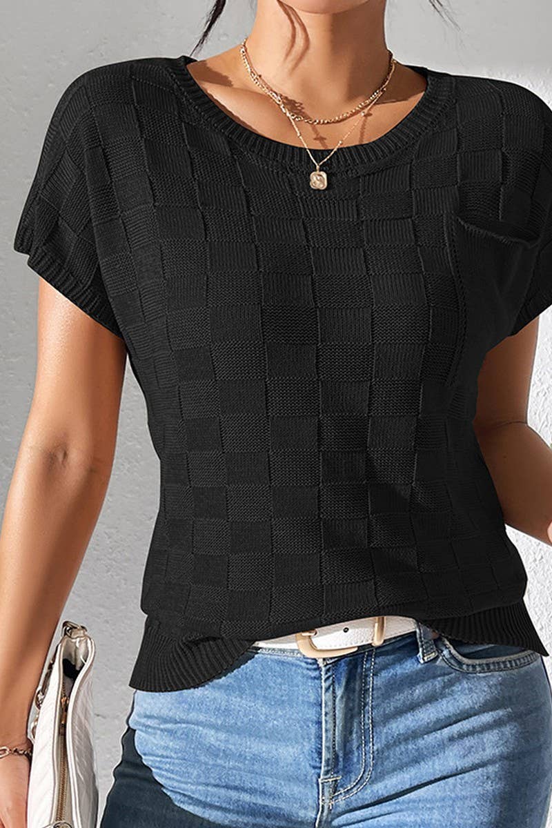 CWOSWS0086_SOLID COLOR LOOSE KNIT SHORT-SLEEVED TOP