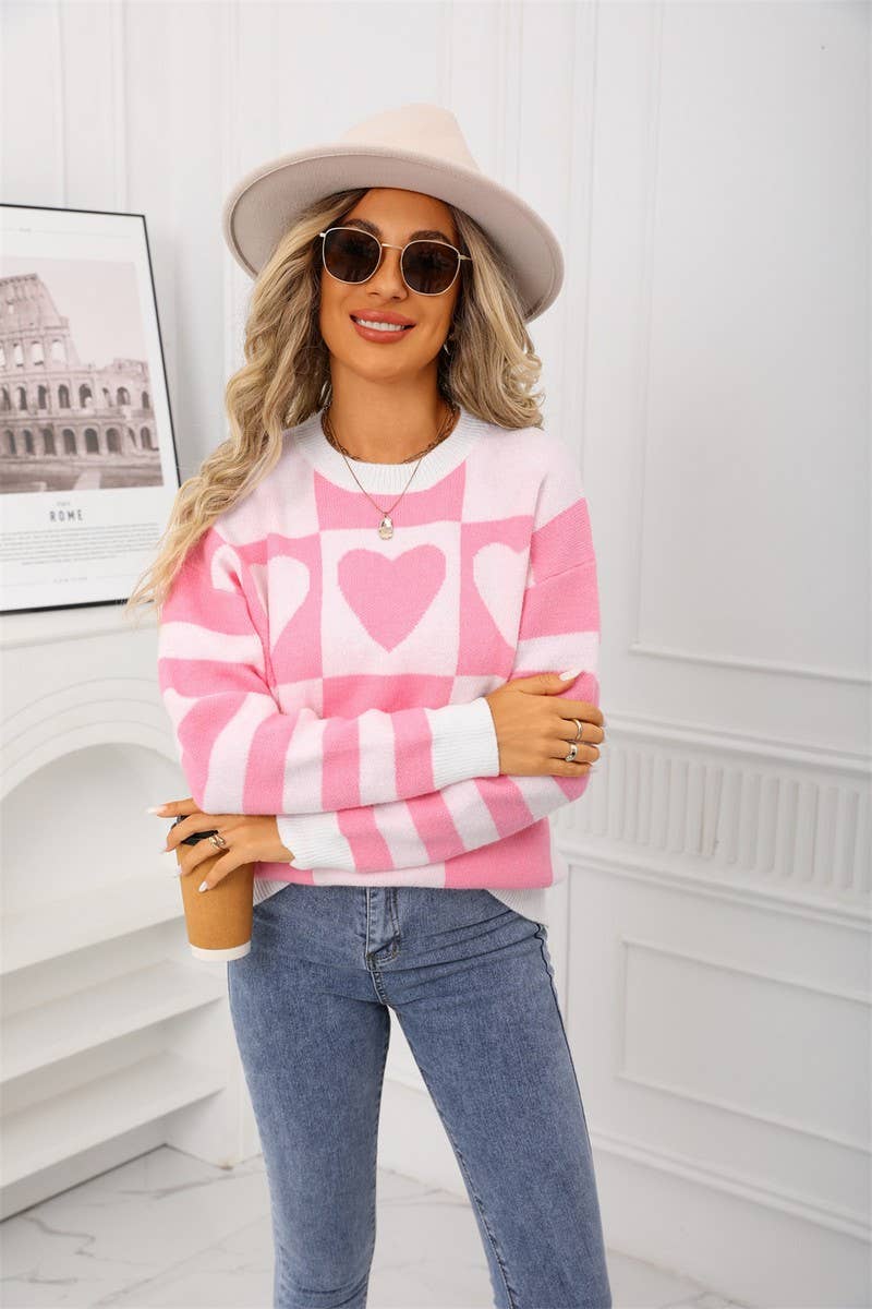 CWOSWL07596_COLORBLOCK PLAID HEART KNIT SWEATER
