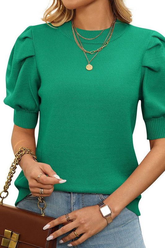 CWOSWS0126_SOLID COLOR ROUND NECK PUFF SLEEVE KNITTED TOP