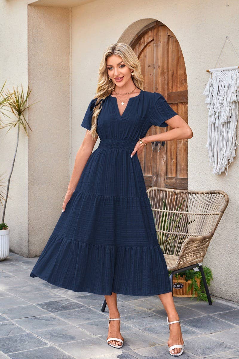 CWDMD6338_V-NECK PLEATED PUFF SLEEVES LONG-SLEEVED DRESS