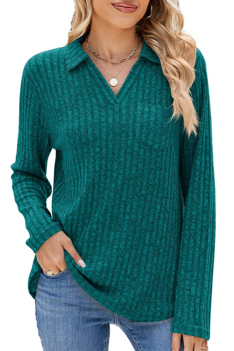 CWTBLL2329_SOLID COLOR LAPEL POCKET LONG SLEEVE LOOSE TOP