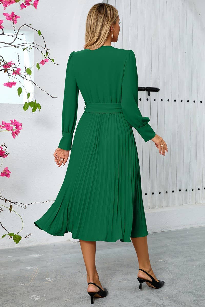 CWDMD3997_V-NECK PLEATED BELTED A-LINE MAXI DRESS