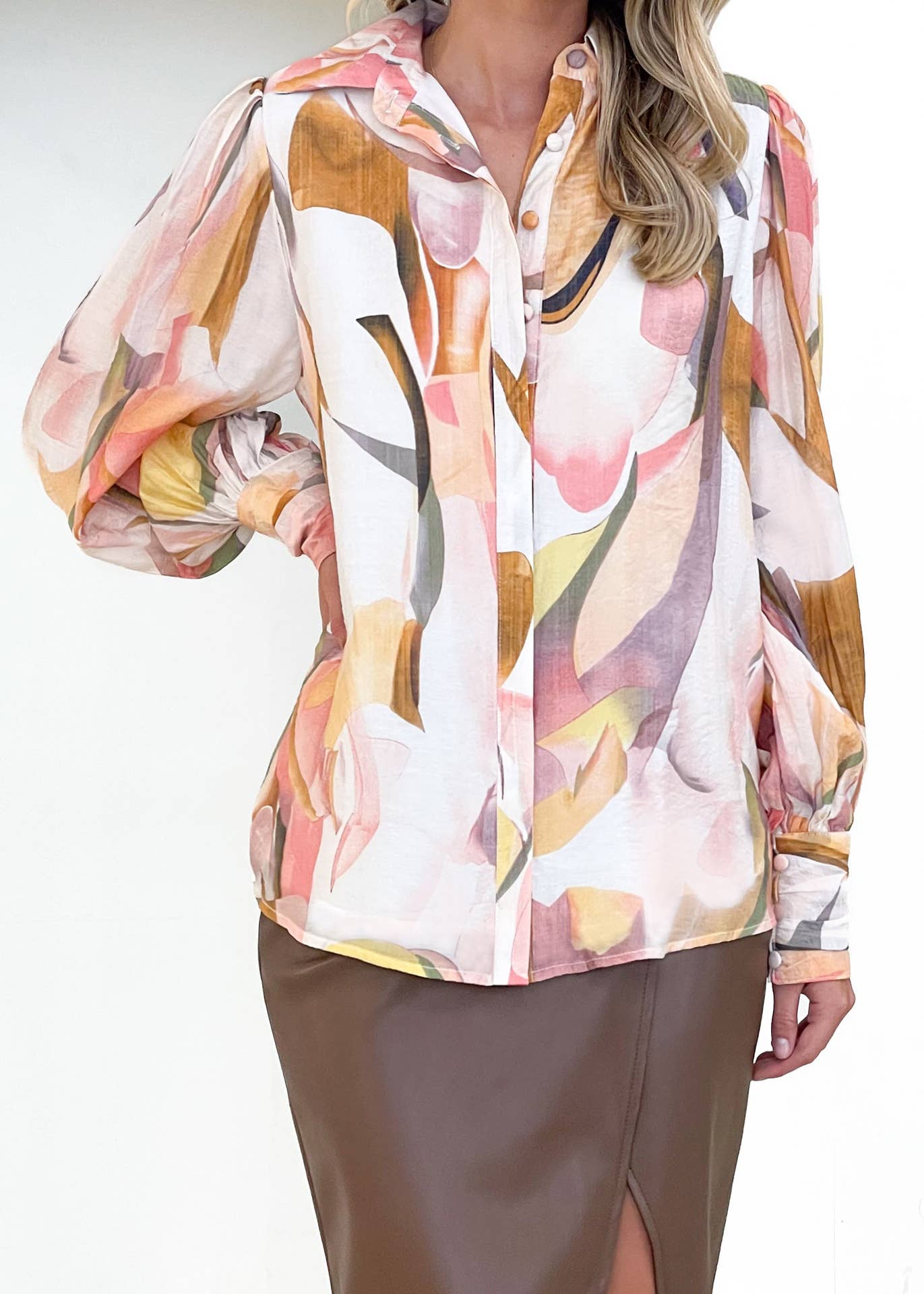 CASUAL LOOSE CARDIGAN PRINT LANTERN SLEEVE SHIRT