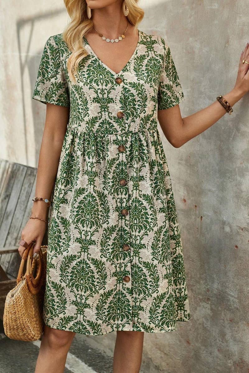 CWDSD4890_SUMMER V-NECK SHORT SLEEVE BOHO PRINT DRESS