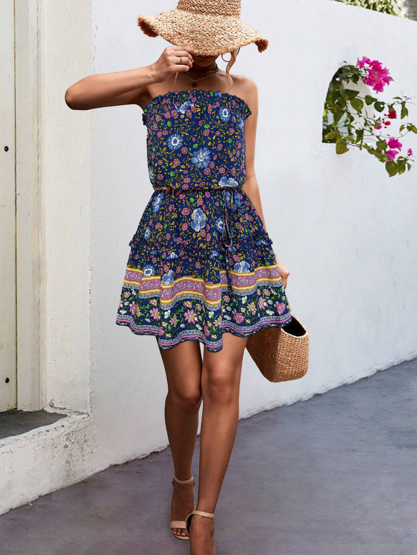 Bohemian print strapless cinched waist dress