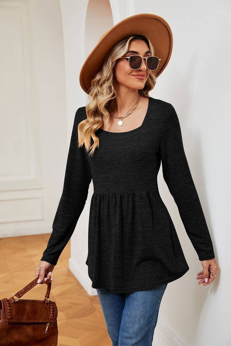 CWTBLL2397_SQUARE NECK LONG SLEEVE WAISTED MID-LENGTH TOP