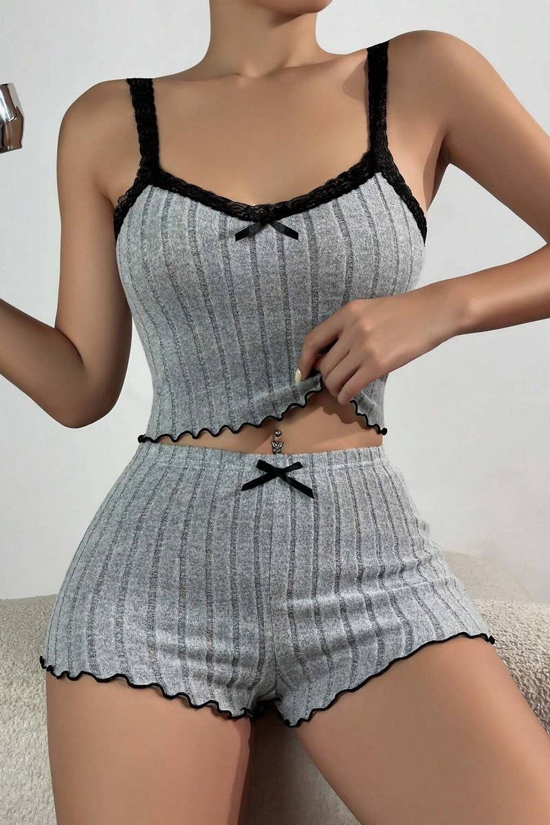 CWSPJ00487_LACE TRIM RIBBED CAMI AND SHORTS LOUNGEWEAR