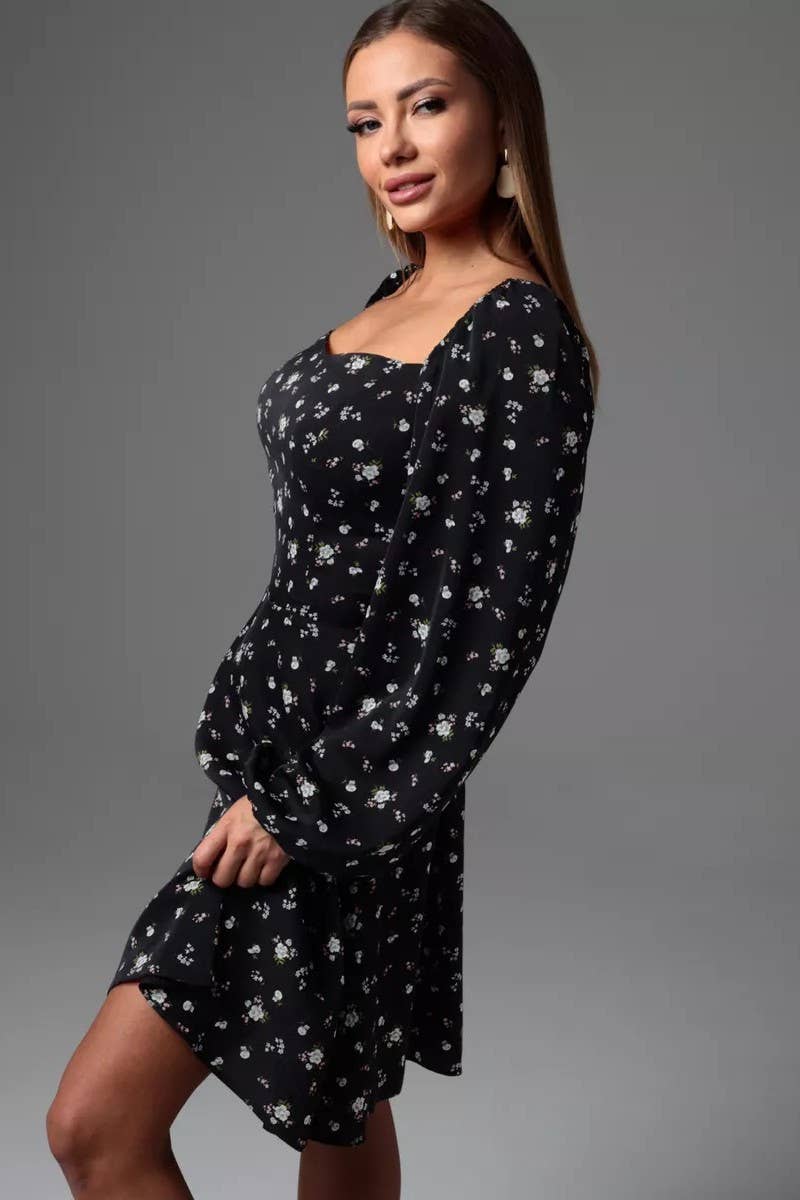 CWDSD8401_FLORAL PUFF SLEEVE TIE WAIST LINED MIDI DRESS