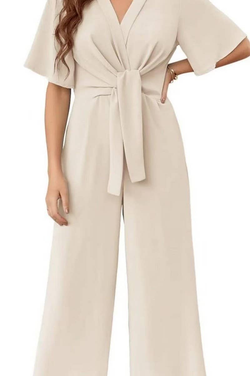 CWSJS1693_SOLID COLOR V-NECK SHORT SLEEVE JUMPSUIT