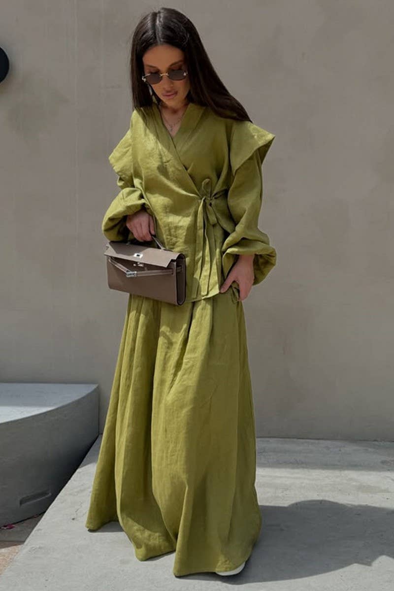 CWSTB00386_LACE-UP SHIRT HIGH-WAISTED SKIRT CASUAL SUIT