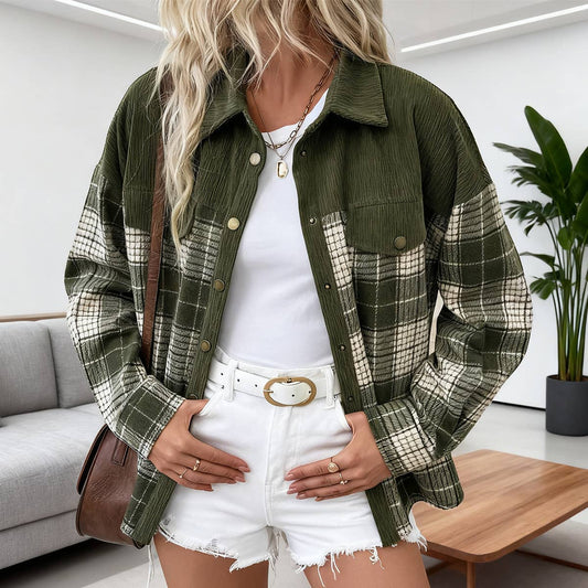 Checkered color-blocked corduroy coat