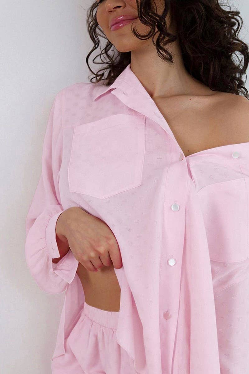 CWSPJ0252_PINK LONG-SLEEVED SHORTS PAJAMAS TWO-PIECE SET