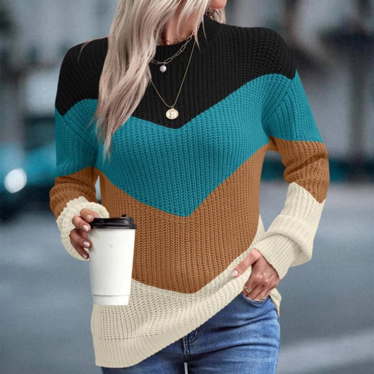 CREW-NECK COLOR SPLICING BASIC PULLOVER SWEATER