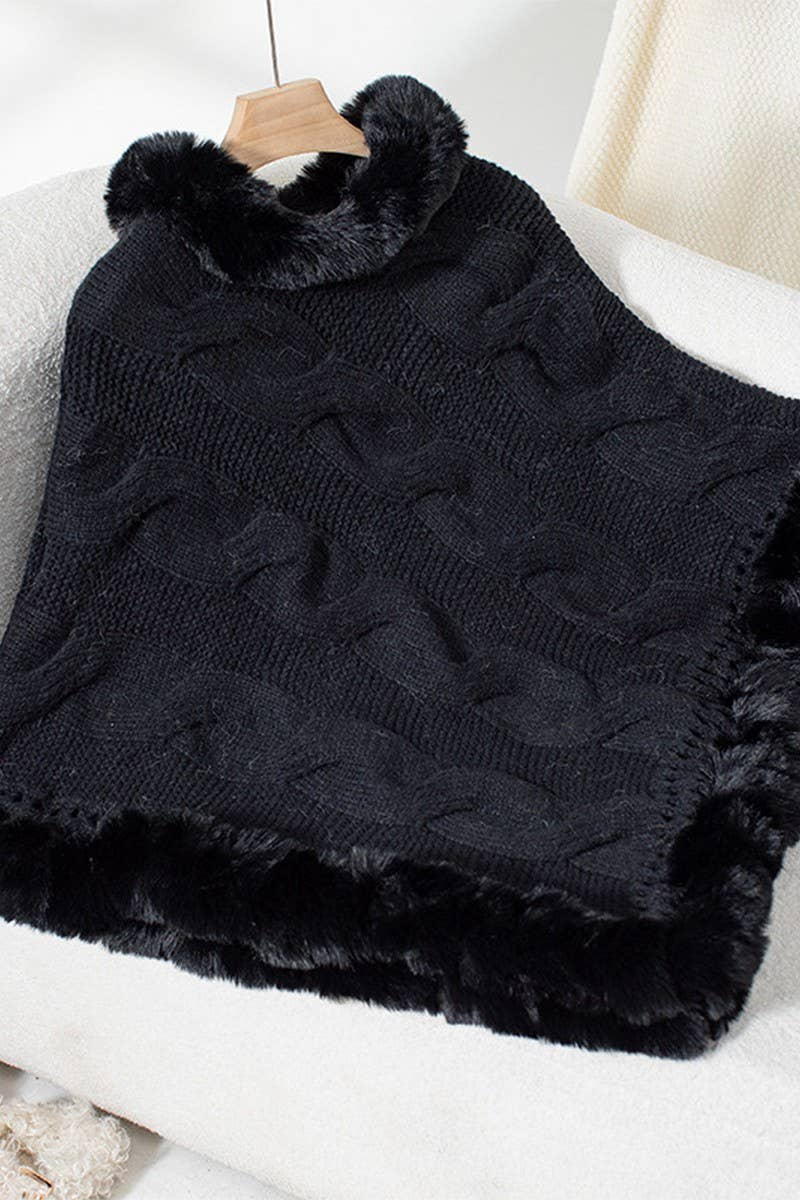 CWOSWL2803_FUR COLLAR THICK CABLE PULLOVER SWEATER CAPE